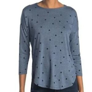 Bobeau Three Quarter Sleeve Star Top Sz Small Heather Denim Blue NWT Curved Hem